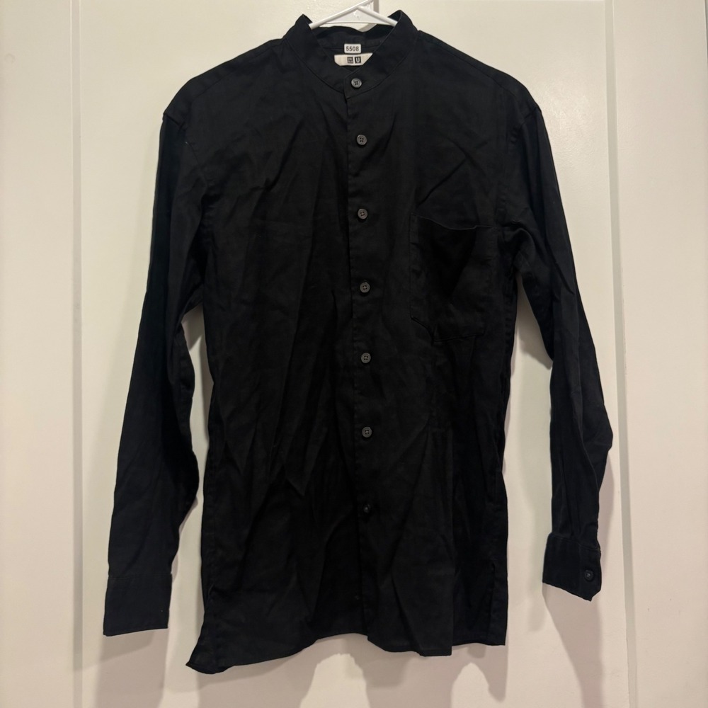 Uniqlo U Mens Band Collar Linen Cotton Long Sleeve Shirt Black XS 426177